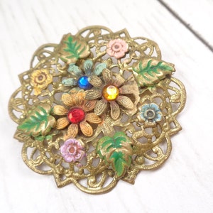 Czech Floral Filigree Circle Brooch 1920s Vintage with Enamel-Painted Flowers and Coloured Glass Beads. image 1