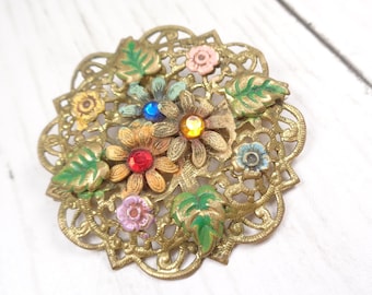 Czech Floral Filigree Circle Brooch - 1920s Vintage with Enamel-Painted Flowers and Coloured Glass Beads.