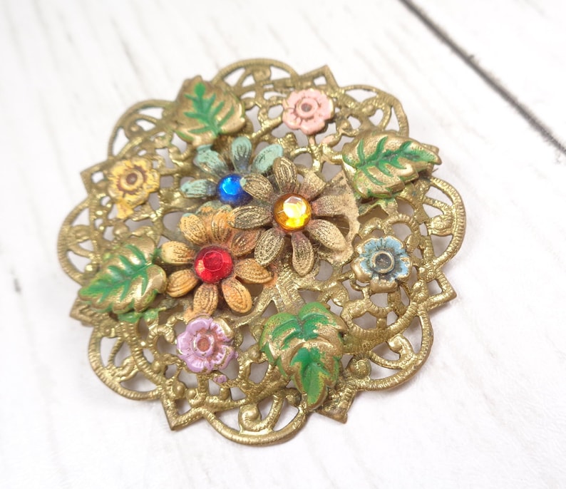 Czech Floral Filigree Circle Brooch 1920s Vintage with Enamel-Painted Flowers and Coloured Glass Beads. image 1