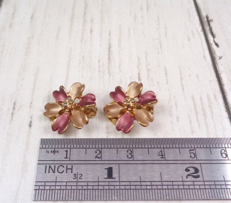 Vintage Bronze and Gold Enamel Floral Clip On Earrings image 8