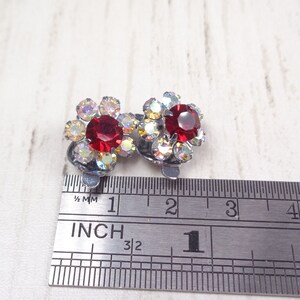 Vintage 1960s Sparkly Aurora Borealis & Ruby-Red Crystal Silver Tone Clip-On Earrings image 8