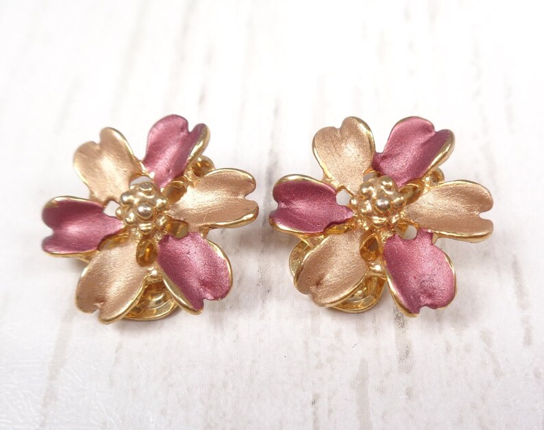 Vintage Bronze and Gold Enamel Floral Clip On Earrings image 3