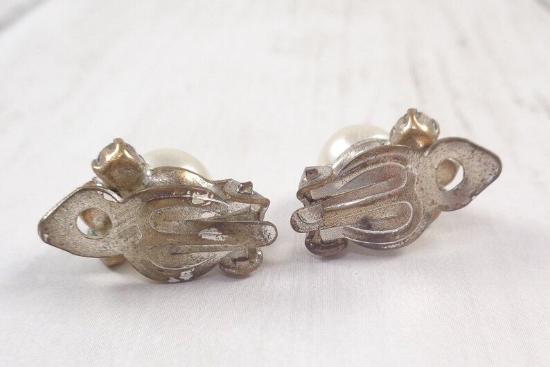 Vintage 60s Faux Pearl & Rhinestone Clip On Earrings image 6