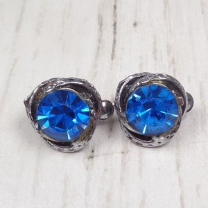 Vintage Silver-tone 1960s Clip-On Earrings with Royal Blue Crystals. Quality Earrings. image 3