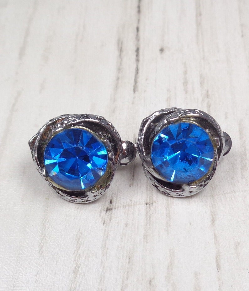 Vintage Silver-tone 1960s Clip-On Earrings with Royal Blue Crystals. Quality Earrings. image 3