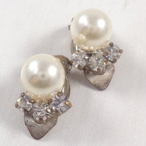 Vintage 60s Faux Pearl & Rhinestone Clip On Earrings image 5