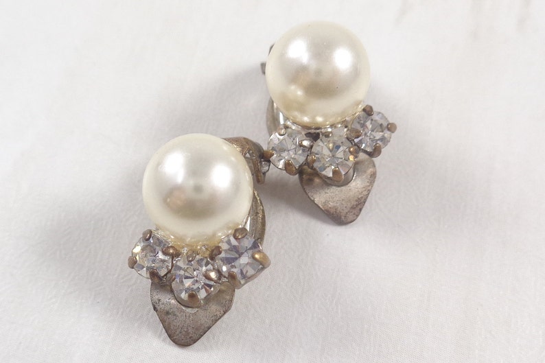 Vintage 60s Faux Pearl & Rhinestone Clip On Earrings image 5