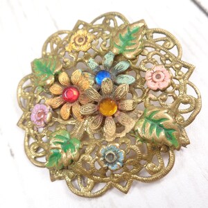 Czech Floral Filigree Circle Brooch 1920s Vintage with Enamel-Painted Flowers and Coloured Glass Beads. image 2