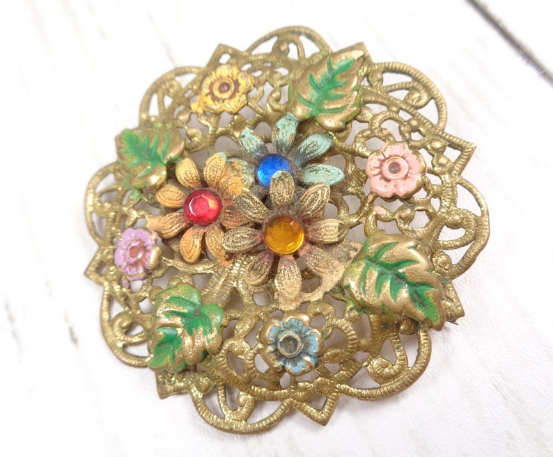 Czech Floral Filigree Circle Brooch 1920s Vintage with Enamel-Painted Flowers and Coloured Glass Beads. image 2