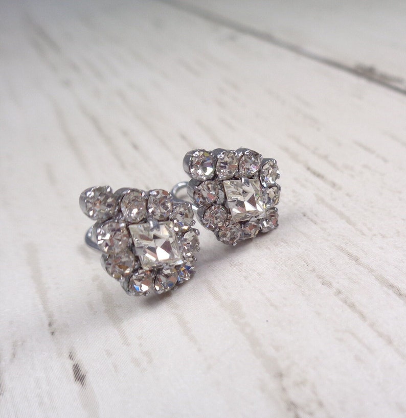 Small 1950s Vintage Silver Tone Clip-On Earrings with Clear Sparkling Rhinestones image 2