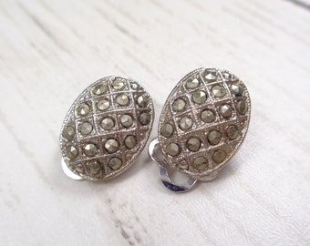 Vintage Oval Marcasite Clip On Earrings
