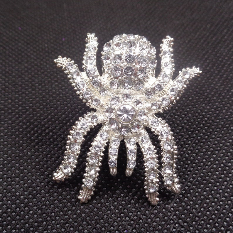 Vintage Silver-Tone Spider Brooch with Clear Glass Cabochons Sparkly Arachnid Tarantula Elegance for Your Collection image 4