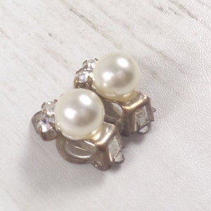 Vintage 60s Faux Pearl & Rhinestone Clip On Earrings image 2