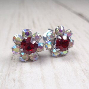 Vintage 1960s Sparkly Aurora Borealis & Ruby-Red Crystal Silver Tone Clip-On Earrings image 3