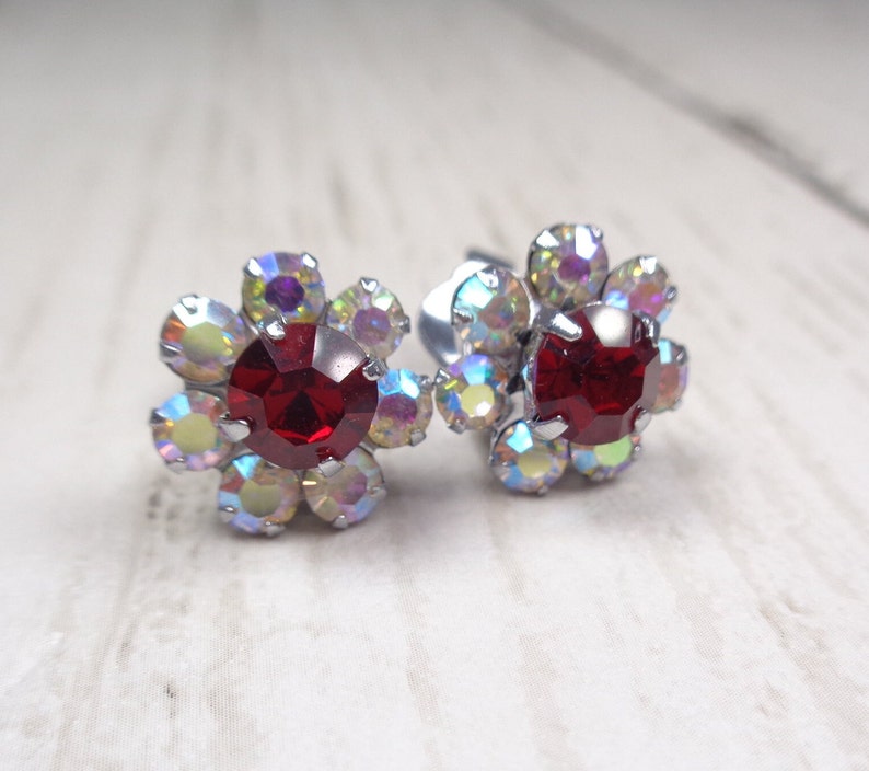 Vintage 1960s Sparkly Aurora Borealis & Ruby-Red Crystal Silver Tone Clip-On Earrings image 3