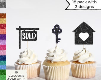 18 Pack House Warming Cupcake Toppers, Sold Sign Toppers, Real Estate Gift, Realtor Cupcakes,Housewarming Gift, Key Topper, New Home,Realtor