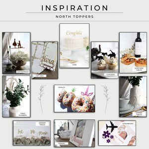May include: Inspiration board with ideas for wedding table decorations.  The board features images of centerpieces, gift tags, table numbers, dessert tables, donuts, cupcakes, appetizers, dinner tables, frames, and scrapbooks.  The text on the board includes "Congrats", "Sara", "Eat Me Please", "Donuts", "Our Journey", and "Always".