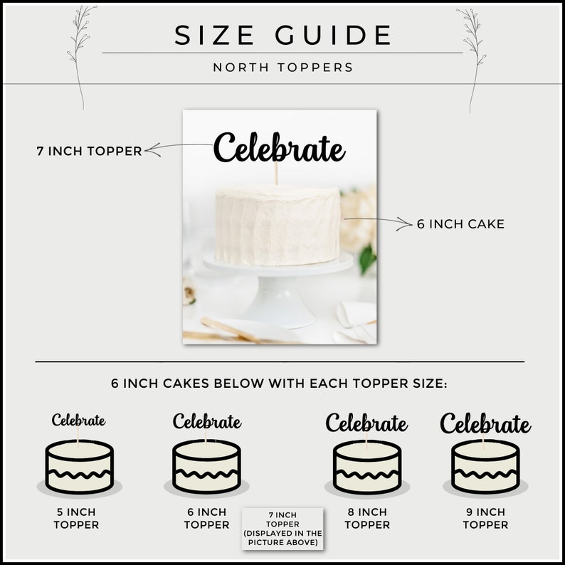 May include: A size guide for cake toppers, showing a 7 inch topper on a 6 inch cake. The guide also shows the size of the topper for 5, 6, 8, and 9 inch cakes.