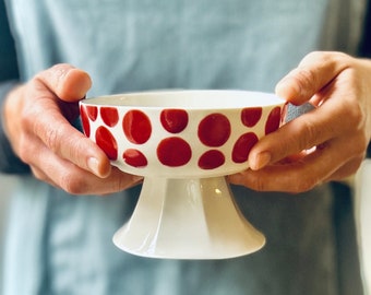 Modern Porcelain Mini Footed Bowl, Red Polka Dot White  Minimal Kitchenware,Natural Ceramic Minimalist Kitchen Serveware, Mother's Day Gift