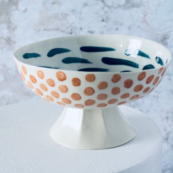 Modern Dots & Stripes Fine Porcelain Medium Footed Bowl, Handmade Kitchenware for Food or Salad, Chic Table Settings, Housewarming Present