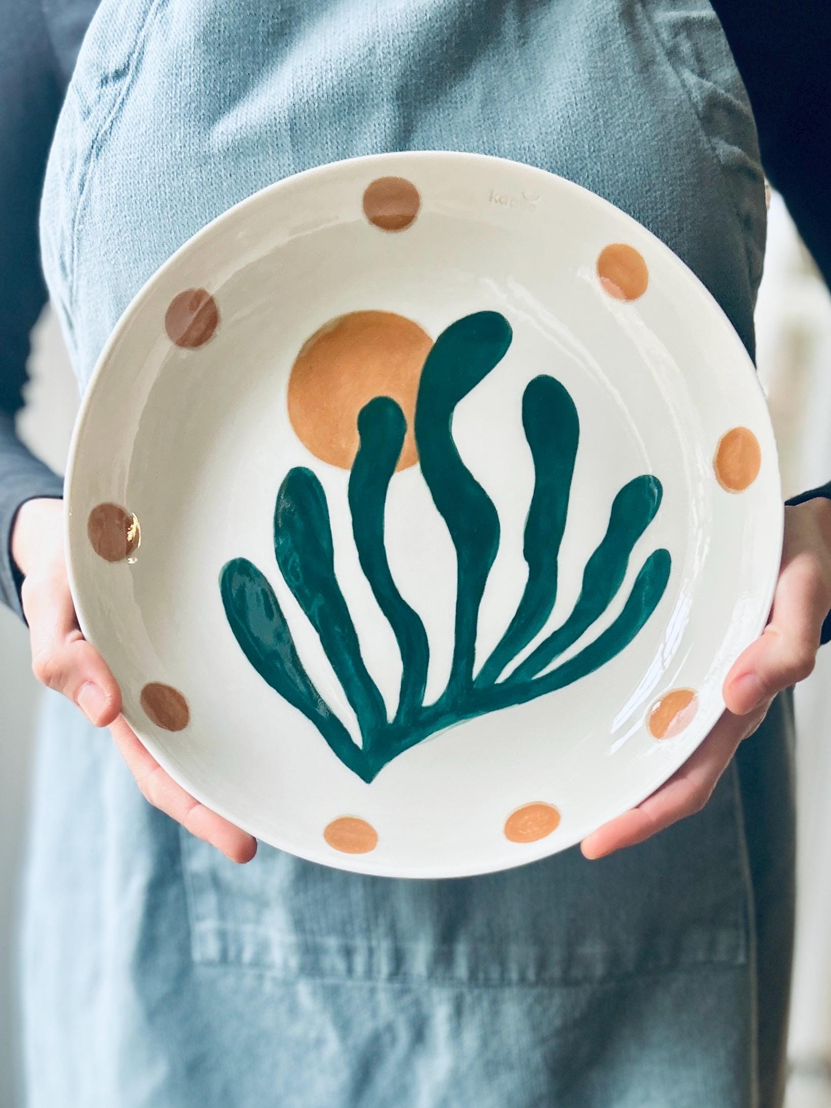 Handmade Porcelain Large Serveware, Coral Matisse Design 10'' Round Plate, Holiday Hosting Serving Platter, Artisanal Kitchen Decor