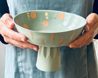 Green Footed Bowl, Natural Porcelain Kitchen Utensils, Pastel Colors Minimal Kitchenware, Macaron Footed Bowl, Pigmented Limoges Porcelain