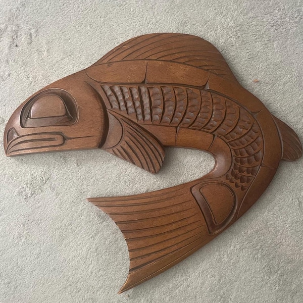Rare vintage native wood craving salmon signed by Master Kwakuitl Carver Doug Harper