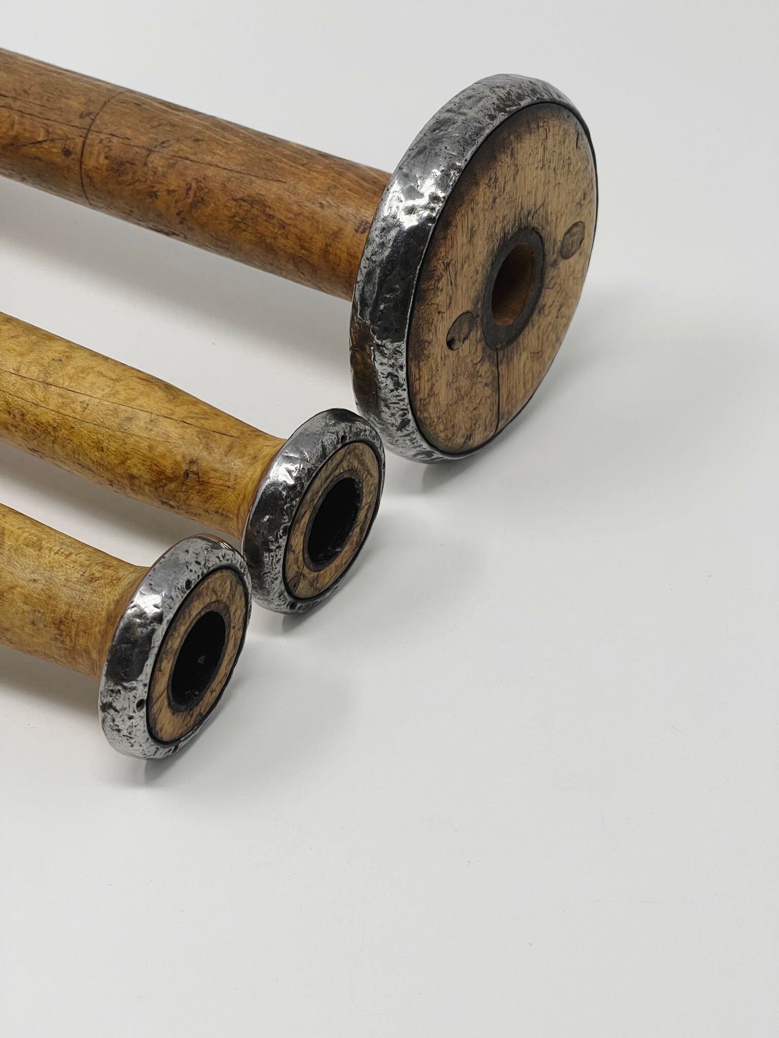 Industrial Textile Spool, Vintage wooden Spinning Bobbins, Set of 3 Spools
