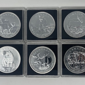 Puede incluir: Seis monedas de plata canadienses en estuches de plástico protectores. Cada moneda presenta un animal diferente: un oso, un puma, un ciervo, un lobo, un alce y un bisonte. Las monedas están todas fechadas en 1999 y están inscritas con "FINE SILVER 1 OZ ARGENT PUR".