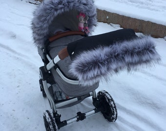 Winter fur cover set for stroller - Black/Grey fur