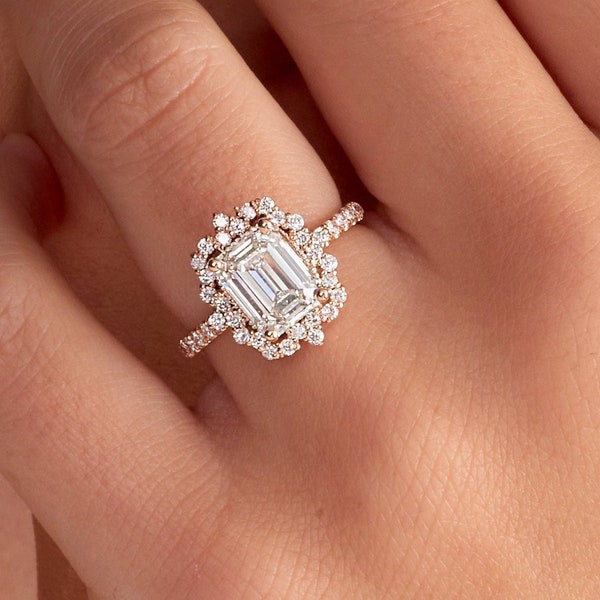 3 Carat Art Deco-Inspired Emerald Cut Starburst Lab Grown Diamond Halo Pavé Romantic Engagement Ring, F+ Color VS1+ Clarity IGI Certified