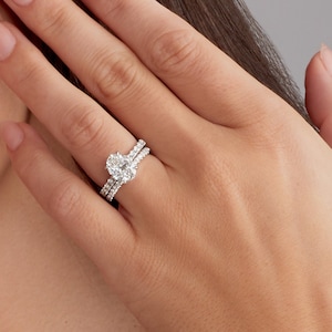 IGI CERTIFIED Engagement Ring with Wedding Band Set - Oval Lab Grown Diamond Hidden Halo Engagement Ring, 14K White Gold