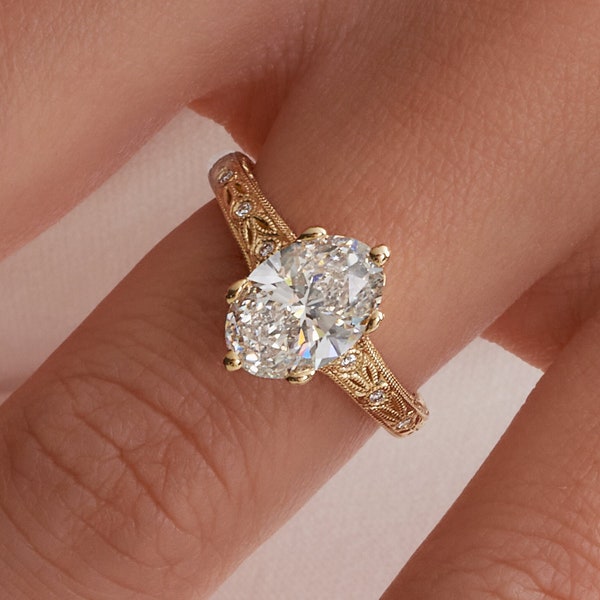 3 Carat Oval Lab Grown Diamond Engagement Ring, 14K Gold Filigree Cathedral Shank