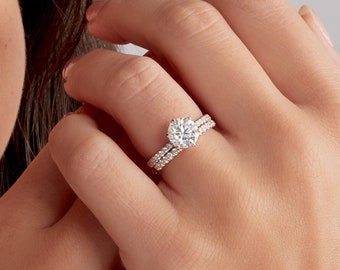 IGI CERTIFIED Engagement & Wedding Ring Set - Minimalist Hidden Halo Round Lab Grown Diamond Engagement Ring, 18K Rose Gold
