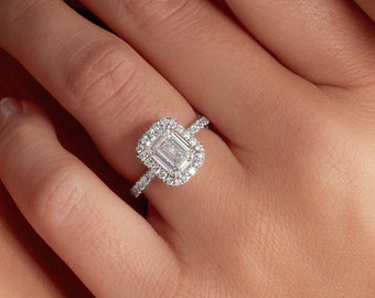 3 CT Halo Lab Grown Emerald Cut Diamond Engagement Ring, 14K White Gold, IGI CERTIFIED