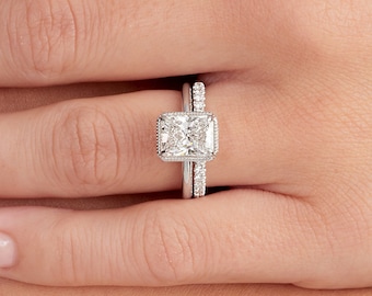 Minimalist Lab Diamond Engagement Ring Set - Minimalist Solitaire Radiant Cut Ring with Antique Milgrain, 14k White Gold, IGI CERTIFIED