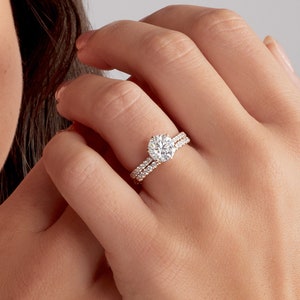 IGI CERTIFIED Engagement & Wedding Ring Set Minimalist Hidden Halo Round Lab Grown Diamond Engagement Ring, 18K Rose Gold image 1