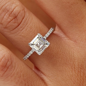 Vintage Inspired Asscher Cut Hidden Halo Lab Diamond Engagement Ring – 2.9 CT Lab Grown Diamond Pavé, 14k White Gold, IGI Certified Diamond