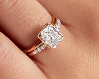 IGI CERTIFIED Bridal Set, Solitaire Cushion Lab Grown Diamond Engagement Ring with Milgrain Beading in 18K Rose Gold