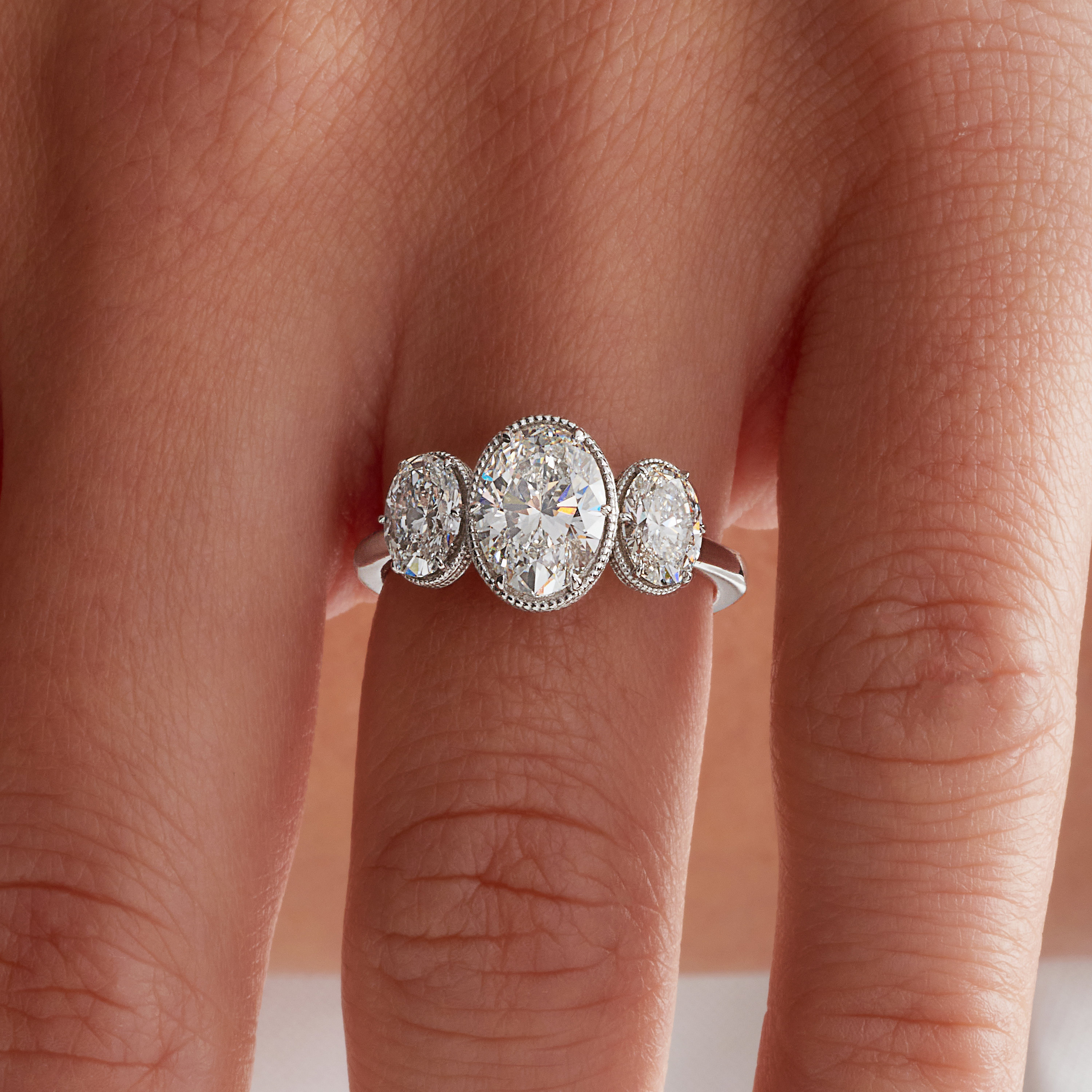 Three-Stone Oval Lab Grown Diamond Engagement Ring – 2 CT Oval Cut Lab Grown Diamond , 14K White Gold, IGI Certified Diamond