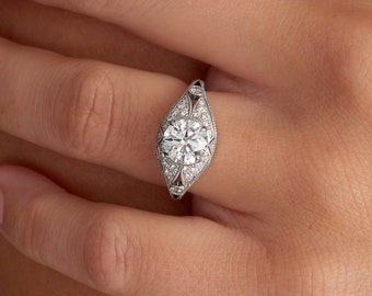 2.01 CT Antique Lab Grown Diamond Engagement Ring with Milgrain Beading and Floral Motifs, 14K White Gold, IGI CERTIFIED