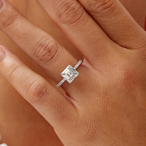 2.89 CT Hidden Halo Asscher Cut Lab Grown Diamond Engagement Ring with a Pavé Shank, 14K White Gold, IGI CERTIFIED
