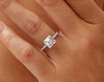 2.89 CT Hidden Halo Asscher Cut Lab Grown Diamond Engagement Ring with a Pavé Shank, 14K White Gold, IGI CERTIFIED