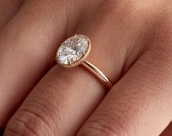 2 Carat Oval Lab Diamond Engagement Ring, 14k Gold Milgrain Solitaire