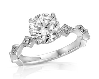 1.51 CT Vintage Inspired Solitaire Round Lab Grown Diamond Engagement Ring with Milgrain Beading, 14K White Gold, IGI CERTIFIED