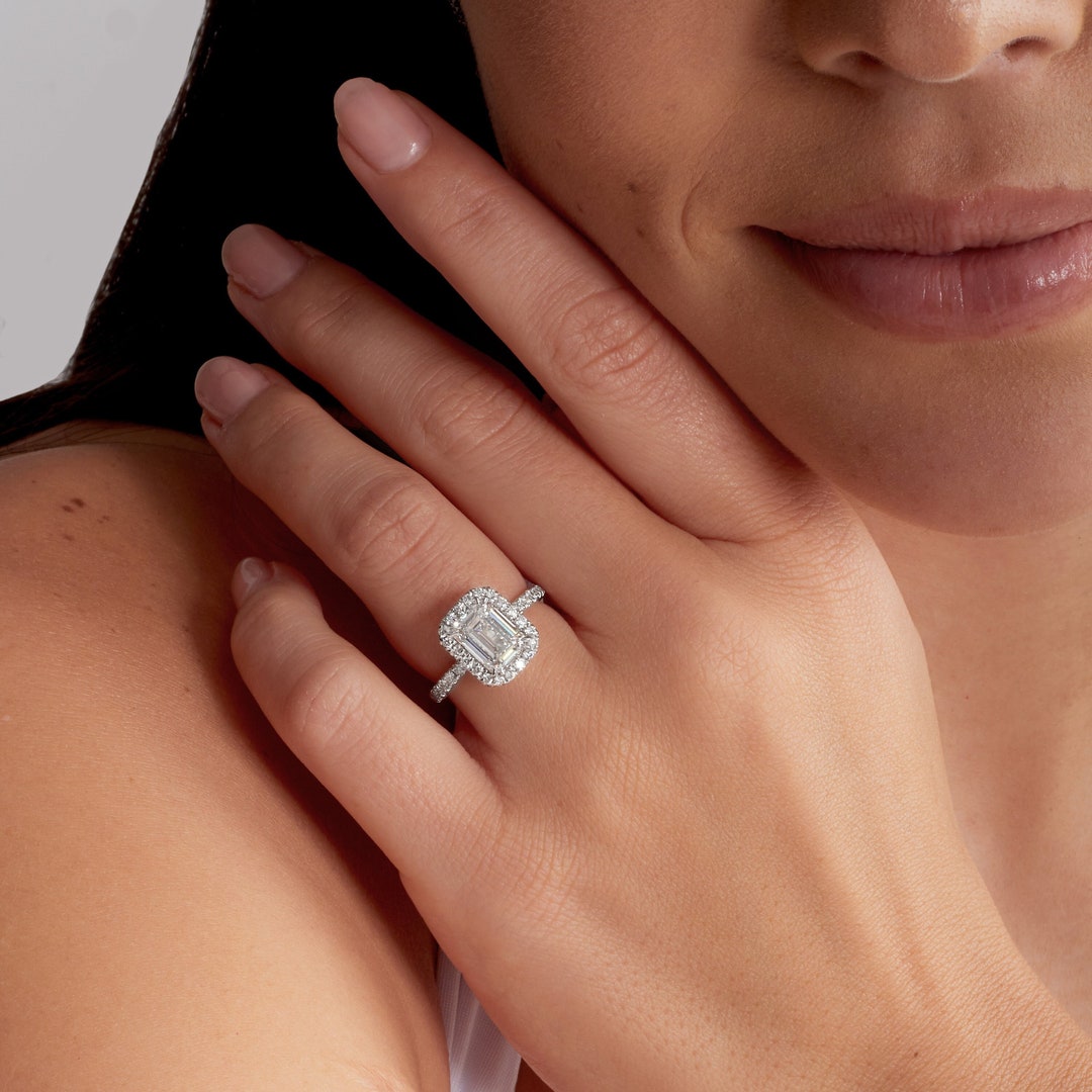 3 Carat Emerald Cut Lab Grown Diamond Halo Engagement Ring, 14K Gold ...