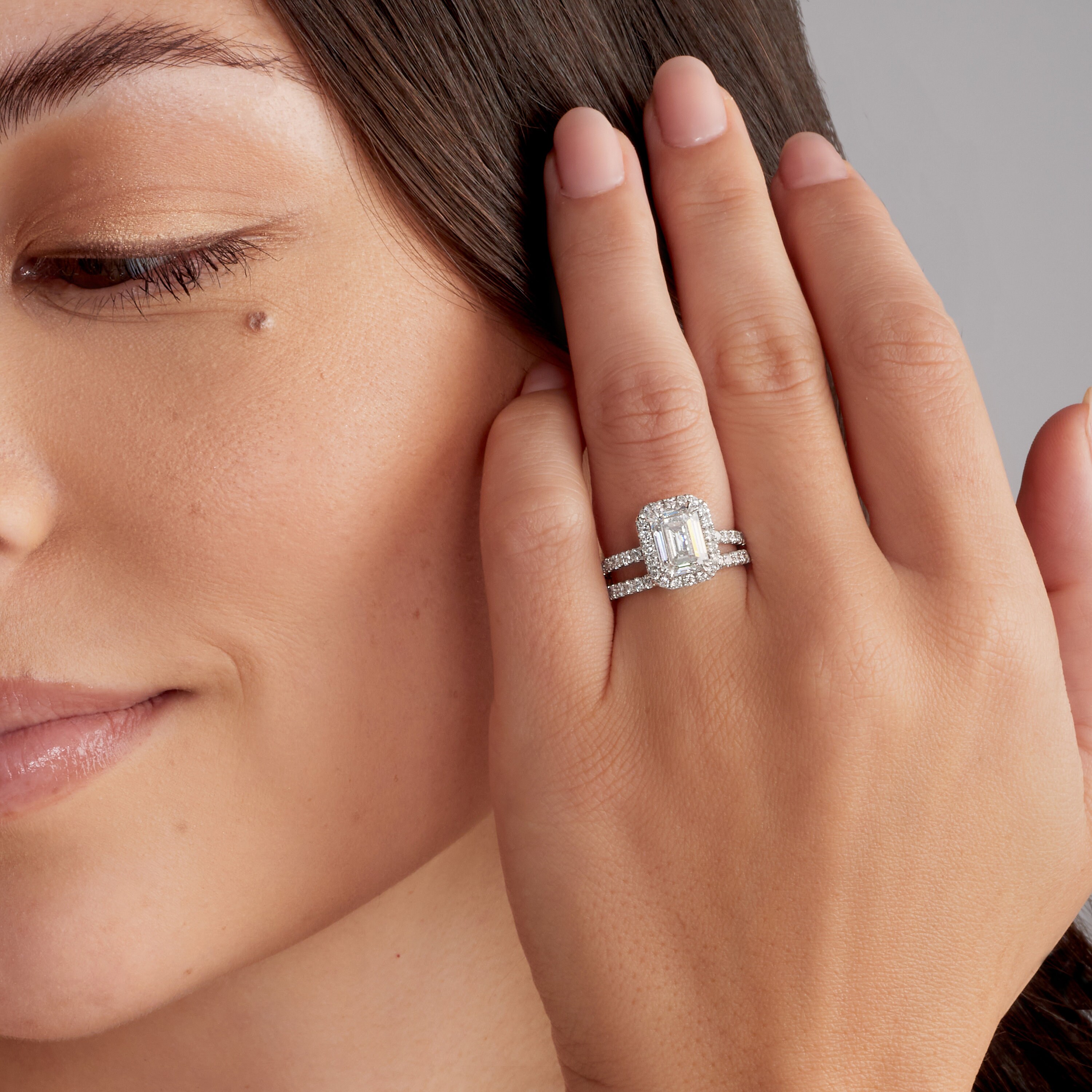 3 Carat Emerald Cut Lab Grown Diamond Halo Engagement Ring, 14K Gold ...
