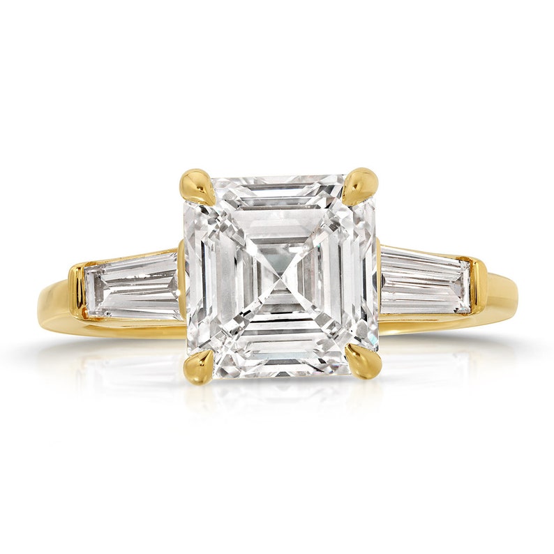 3.69 CT Three Stone Emerald Cut Lab Grown Diamond Engagement Ring with Baguette Side Stones, 14K Yellow Gold, IGI CERTIFIED image 4