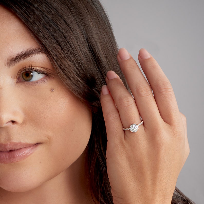 IGI CERTIFIED Engagement & Wedding Ring Set Minimalist Hidden Halo Round Lab Grown Diamond Engagement Ring, 18K Rose Gold image 6