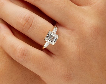 3.69 CT Three Stone Emerald Cut Lab Grown Diamond Engagement Ring with Baguette Side Stones, 14K Yellow Gold, IGI CERTIFIED